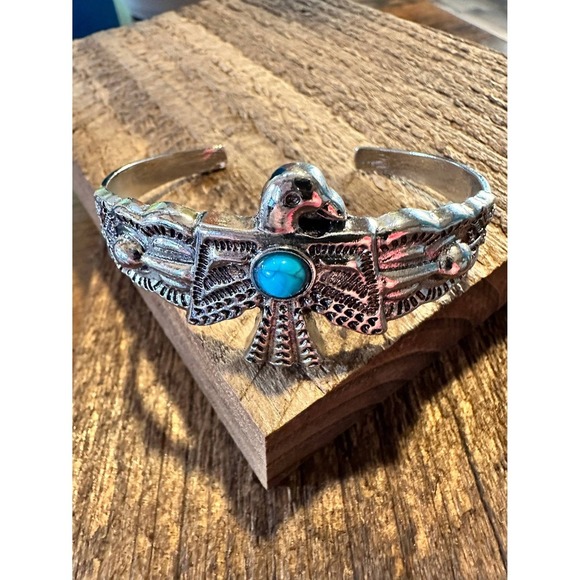 Vintage Bohemian Thunderbird Bangle Bracelet with Turquoise Accent, Gift-Ready - Picture 10 of 10